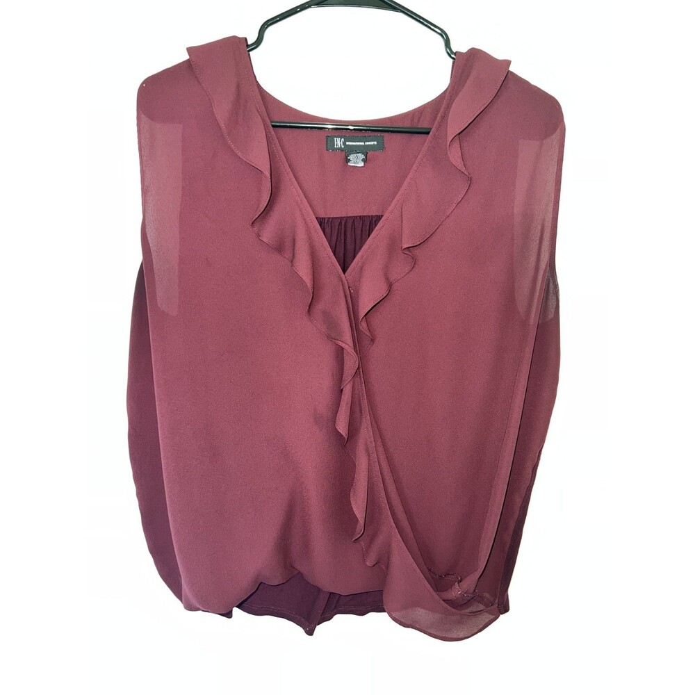 INC International Concepts Women's Top Size L Wine Faux Wrap Sheer Stretchy